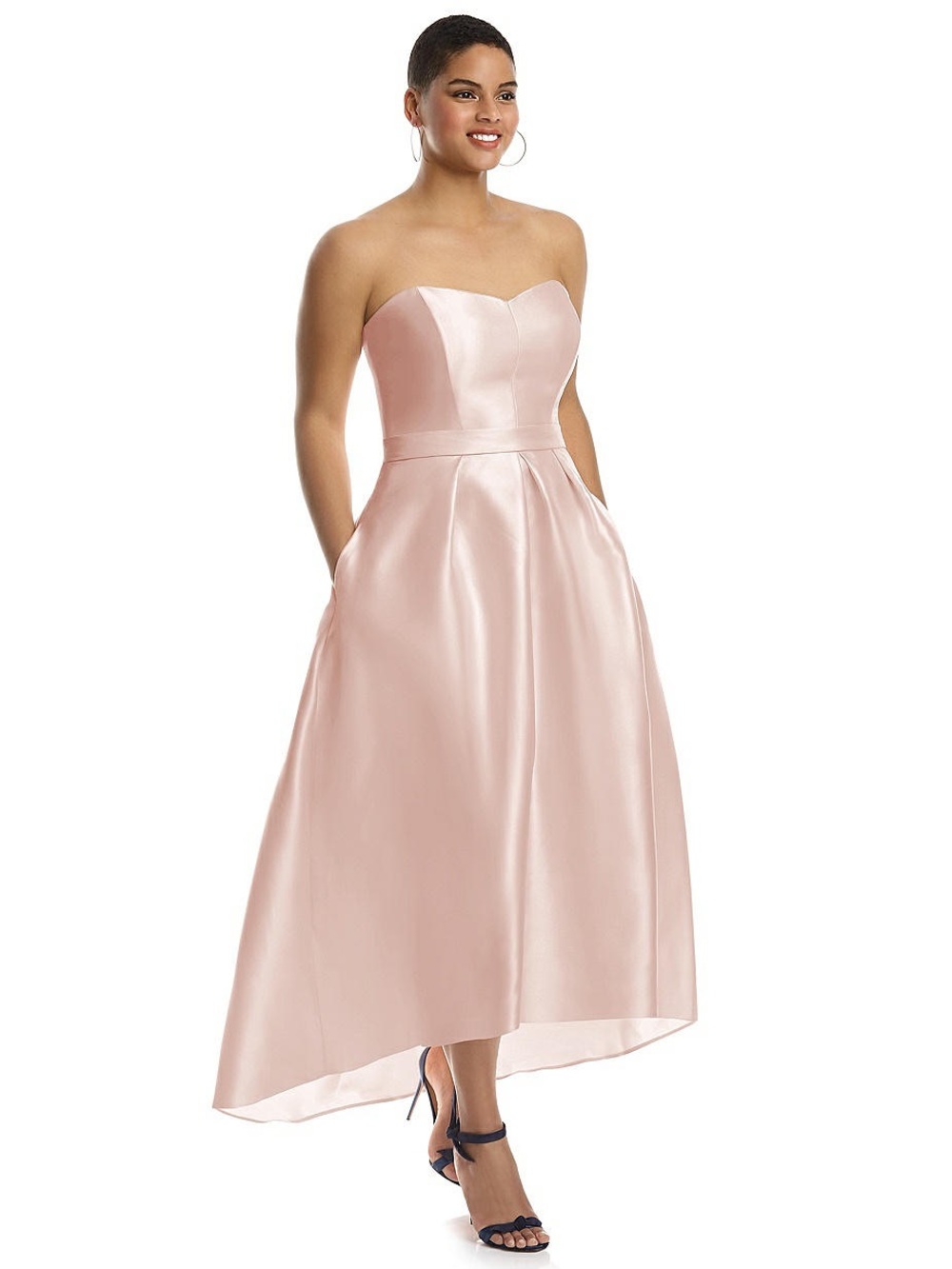 ALFRED SUNG Women's Strapless Satin High Low Dress with Pockeks